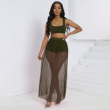 Women's Fashion Sexy Vest Shorts See-Through Pleated Mesh Skirt Beach Three-Piece Set