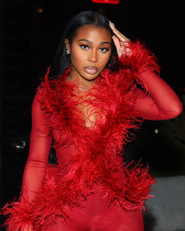 Women Sexy Mesh Feather Tassel Top and Pants Two-Piece Set