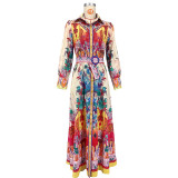 Women's Autumn Turn-Down Collar Lantern Sleeve Slim Waist Painting Print Casual Dress