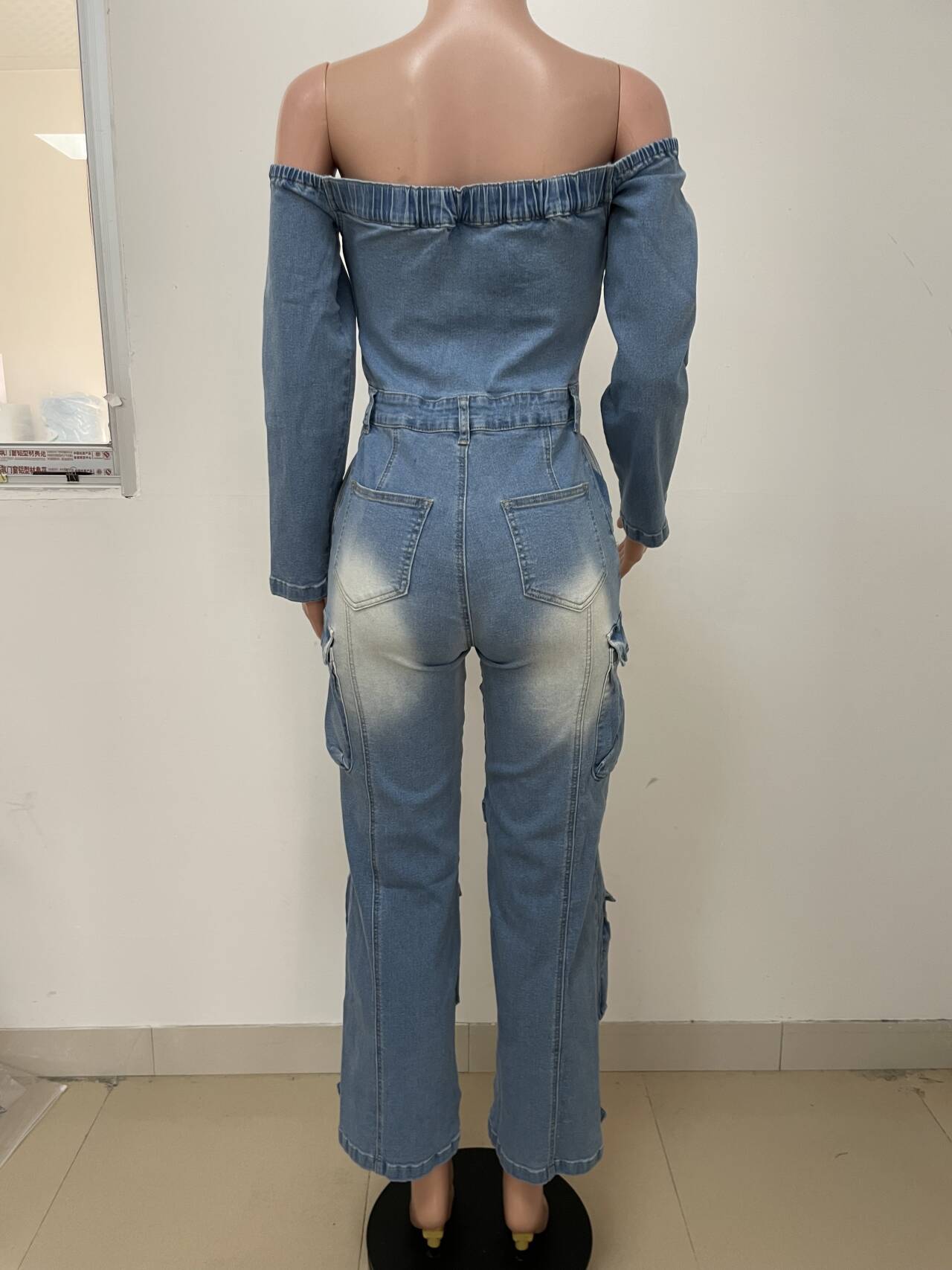 Off-Shoulder Buttoned Multi-Pocket Denim Jumpsuit for Autumn/Winter
