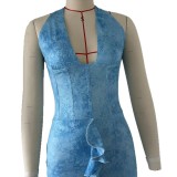 Women Sexy Print Halter Neck Lace-Up Backless Dress