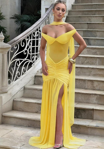Women's Autumn Fashion Strapless Low Back Sexy Mesh Slit Bodycon Dress
