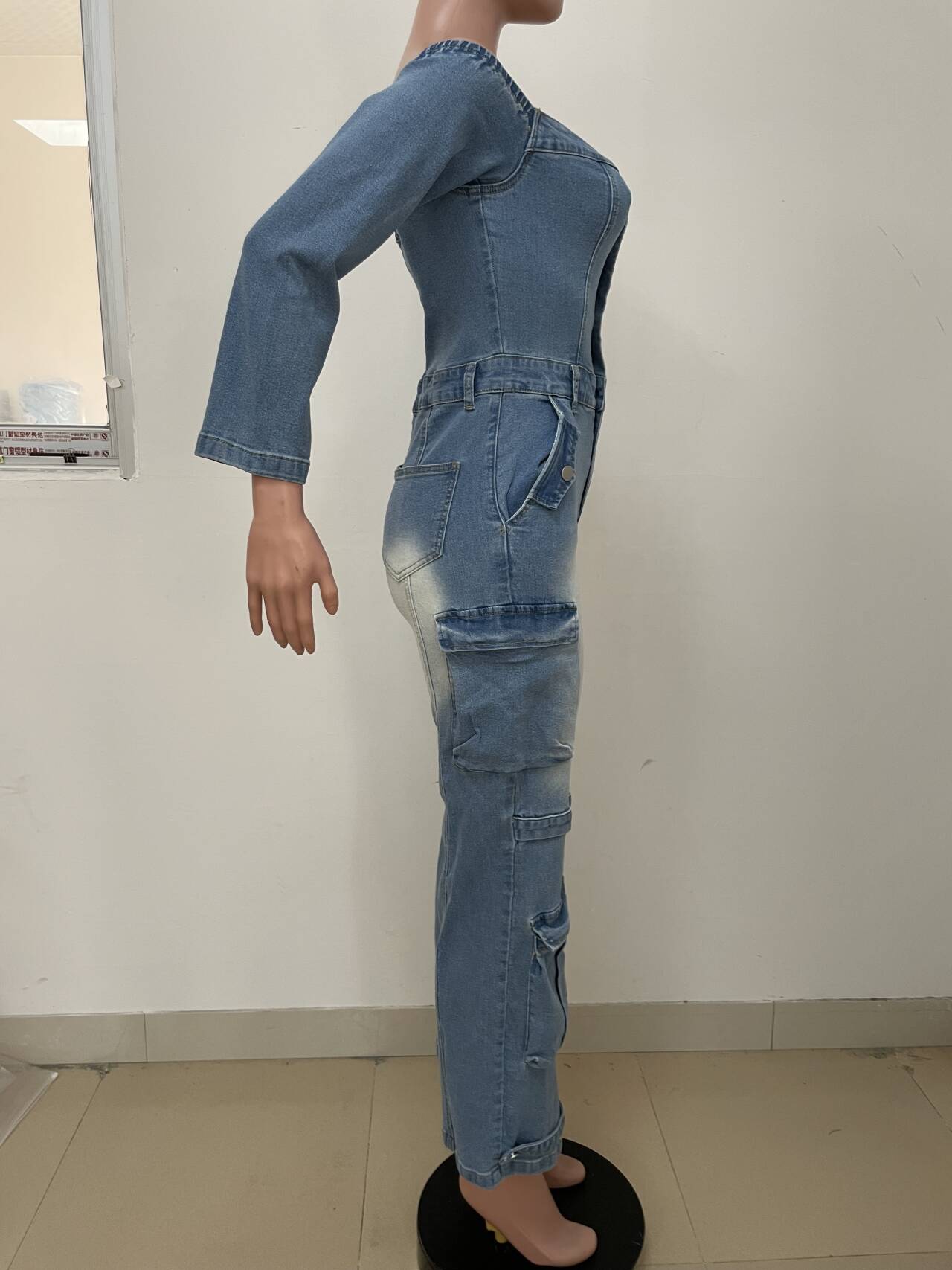 Off-Shoulder Buttoned Multi-Pocket Denim Jumpsuit for Autumn/Winter