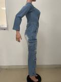 Women's Autumn Winter Off Shoulder Buttoned Multi-Pocket Washed Denim Jumpsuit