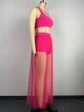 Women's Fashion Sexy Vest Shorts See-Through Pleated Mesh Skirt Beach Three-Piece Set