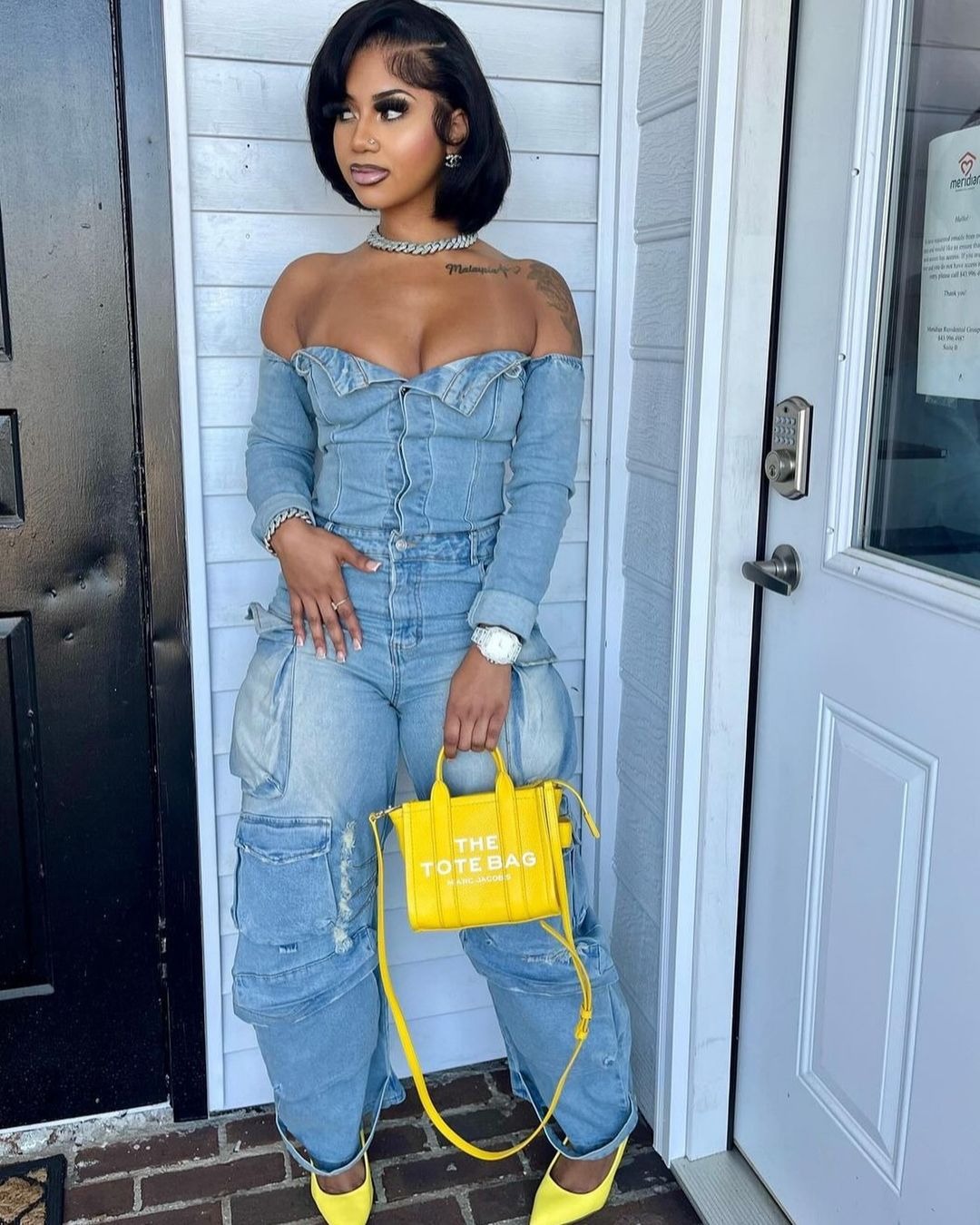 Off-Shoulder Buttoned Multi-Pocket Denim Jumpsuit for Autumn/Winter