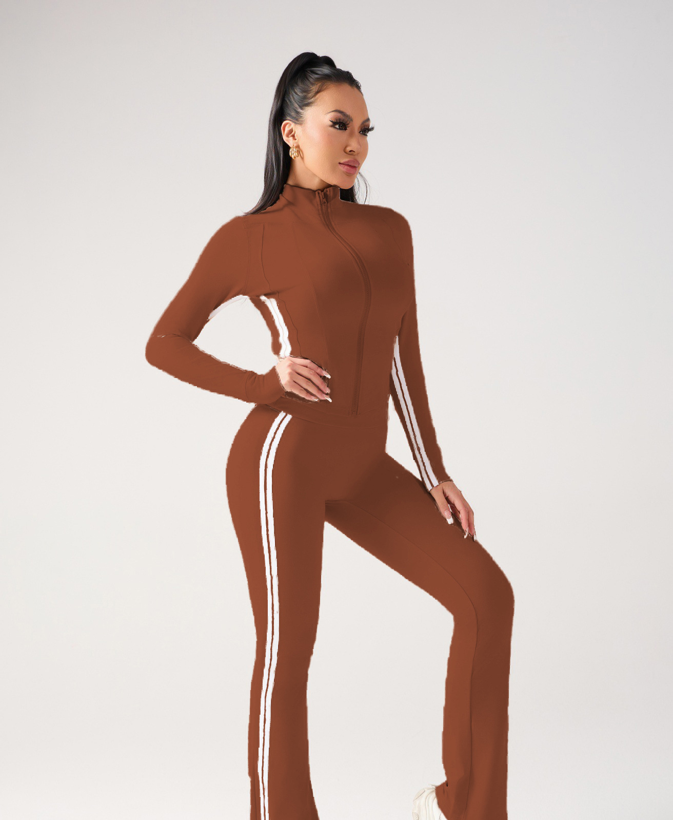 Women autumn contrasting color casual running and fitness two-piece set