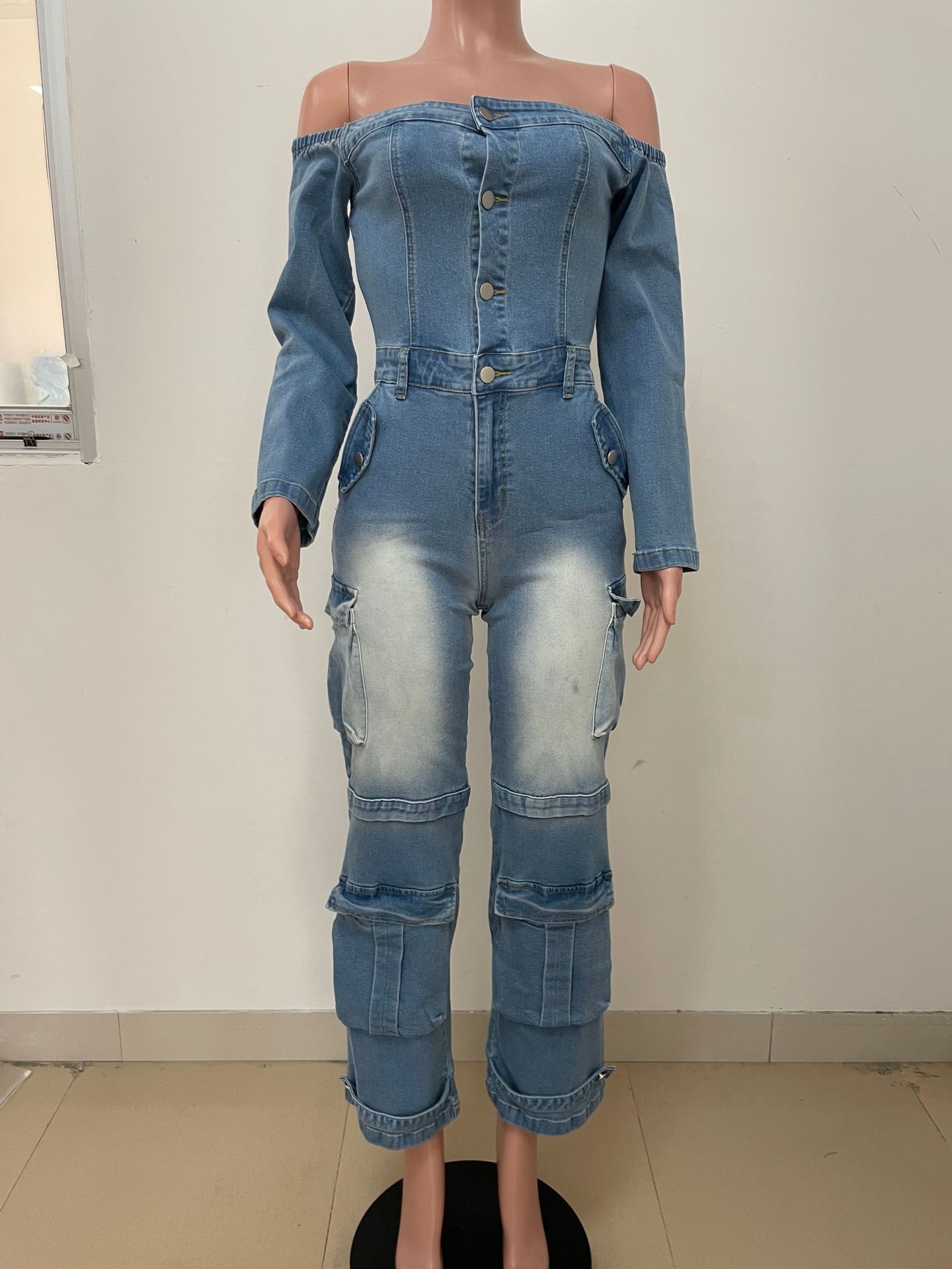 Off-Shoulder Buttoned Multi-Pocket Denim Jumpsuit for Autumn/Winter