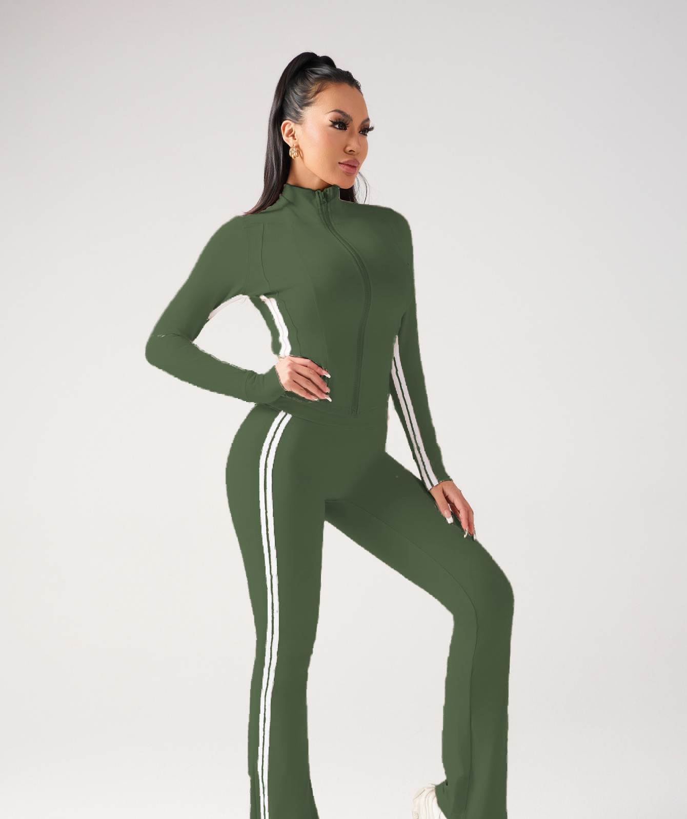 Women autumn contrasting color casual running and fitness two-piece set