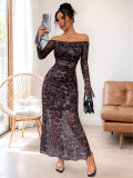Women's Off Shoulder Long Sleeve Mesh Leopard Print Party Dress