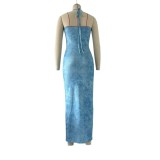 Women Sexy Print Halter Neck Lace-Up Backless Dress