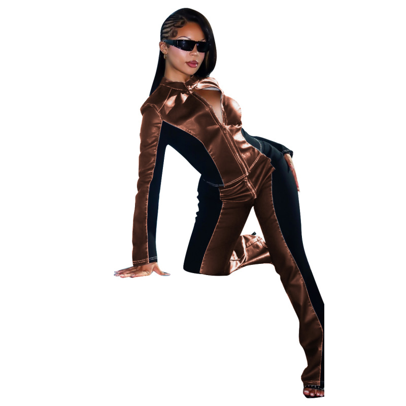 Women's Long Sleeve Casual Elastic PU Pants Set