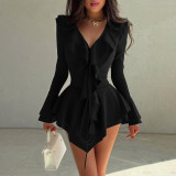 Women's Autumn Solid Color Fashion V-Neck Bell Sleeve Slim Waist Ruffle Hem Dress