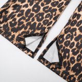 Women's Autumn Winter Leopard Print Off Shoulder Deep V-Neck Finger Sleeve High Waist Pants Set