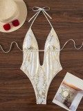 Women's Fashion Sexy One-Piece V-Neck Cut-Out Low Back Tie Detail Swimsuit
