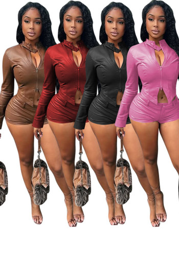 Women's Long Sleeve Elastic PU Shorts Set