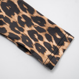 Women's Autumn Winter Leopard Print Off Shoulder Deep V-Neck Finger Sleeve High Waist Pants Set