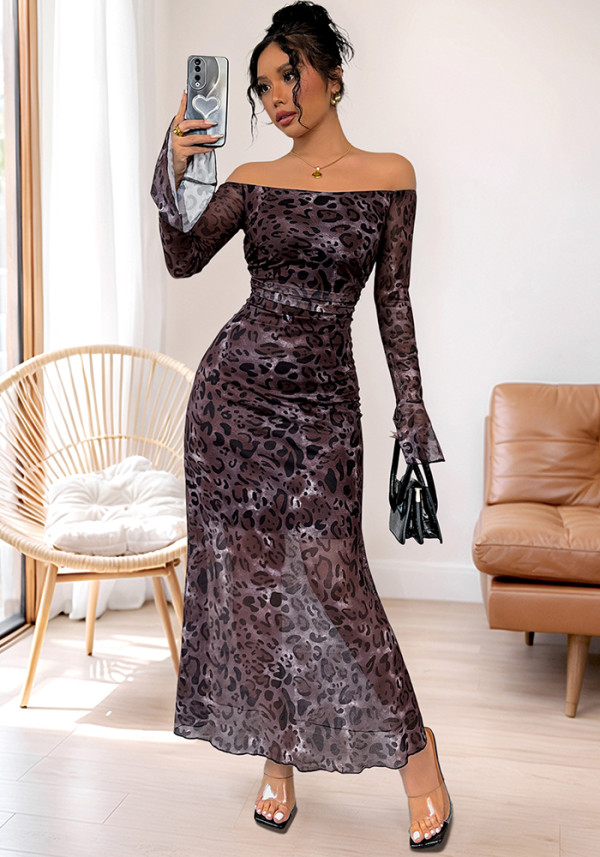 Women's Off Shoulder Long Sleeve Mesh Leopard Print Party Dress