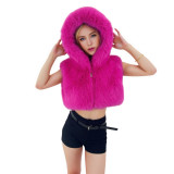 Women Solid Pu-Leather Zippered Hooded Sleeveless Crop Top