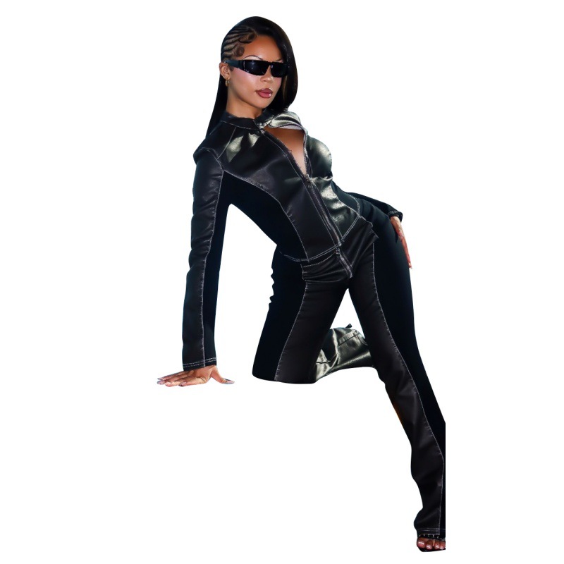 Women's Long Sleeve Casual Elastic PU Pants Set