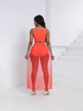Women's Fashion Sexy Vest Shorts See-Through Pleated Mesh Skirt Beach Three-Piece Set
