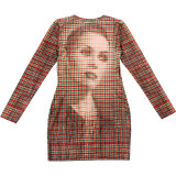 Women's Autumn Slim Fit Check Print Long Sleeve Bodycon Short Dress