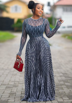 Women's Summer Print Street Round Neck Long Sleeve Slim Waist Sheer A-Line Dress