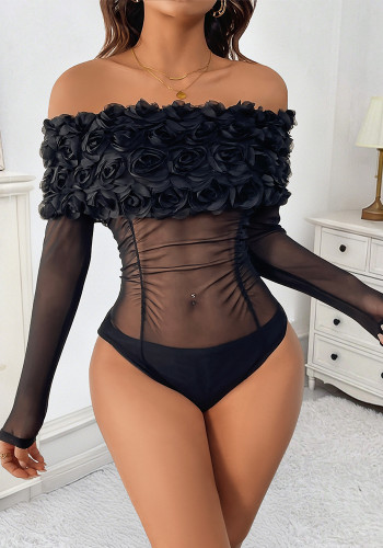 Women's Party See-Through Mesh Off Shoulder Floral Slim Fit Bodysuit