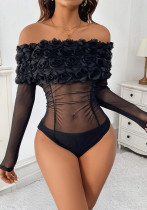 Women's Party See-Through Mesh Off Shoulder Floral Slim Fit Bodysuit Women's Party See-Through Mesh Off Shoulder Floral Slim Fit Bodysuit