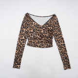 Women's Autumn Winter Leopard Print Off Shoulder Deep V-Neck Finger Sleeve High Waist Pants Set