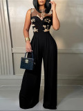 Women autumn casual print patchwork sleeveless jumpsuit