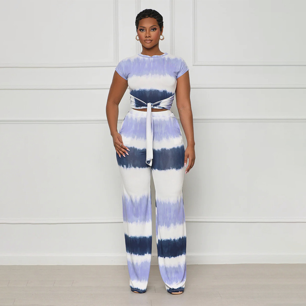 Women's Fashion Tie Waist Open Waist Top Sexy Straight Pants Gradient Color Outfit Set