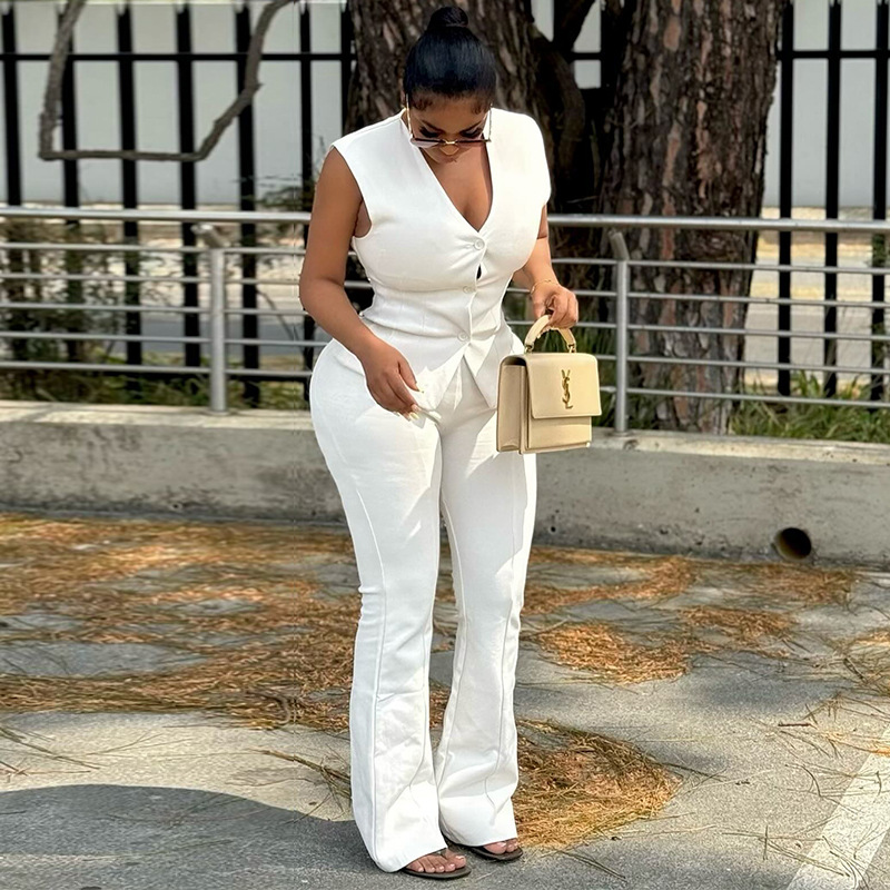 Women's Autumn Fashion V-Neck Button Slim Waist Vest Straight Leg Solid Color Pants Set