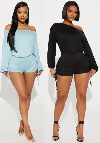 Women's Fashion Casual Off Shoulder Long Sleeve Drawstring Slim Waist Jumpsuit