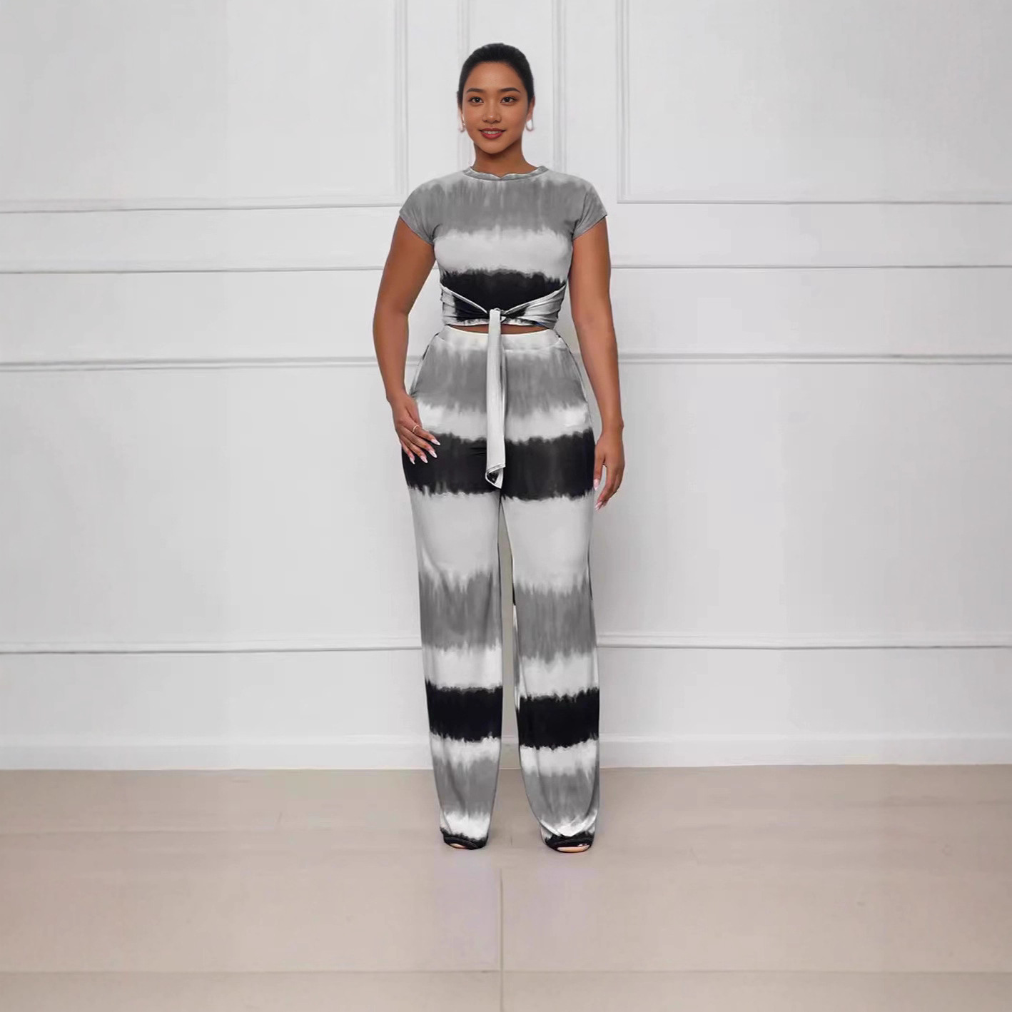 Women's Fashion Tie Waist Open Waist Top Sexy Straight Pants Gradient Color Outfit Set