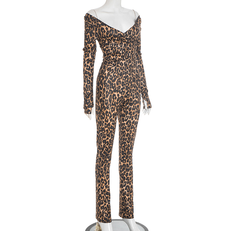 Women's Autumn Winter Leopard Print Off Shoulder Deep V-Neck Finger Sleeve High Waist Pants Set