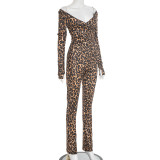 Women's Autumn Winter Leopard Print Off Shoulder Deep V-Neck Finger Sleeve High Waist Pants Set