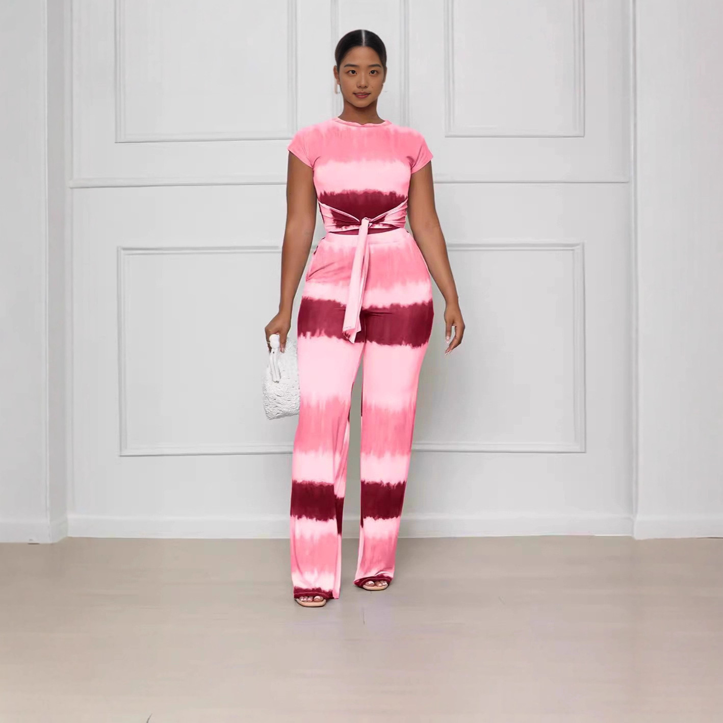 Women's Fashion Tie Waist Open Waist Top Sexy Straight Pants Gradient Color Outfit Set