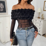 Women's Party See-Through Mesh Off Shoulder Floral Slim Fit Bodysuit