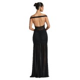 Women's Autumn Fashion Strapless Low Back Sexy Mesh Slit Bodycon Dress