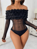 Women's Party See-Through Mesh Off Shoulder Floral Slim Fit Bodysuit
