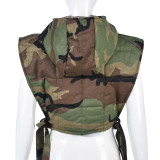 Women's Washed Denim Cotton Blend Hooded Sleeveless Cargo Short Vest