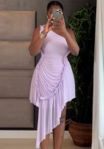 Women's Autumn Fashion One Shoulder Ruffle Hem Asymmetrical Solid Color Dress