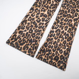 Women's Autumn Winter Leopard Print Off Shoulder Deep V-Neck Finger Sleeve High Waist Pants Set
