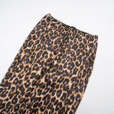 Women's Autumn Winter Leopard Print Off Shoulder Deep V-Neck Finger Sleeve High Waist Pants Set