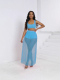 Women's Fashion Sexy Vest Shorts See-Through Pleated Mesh Skirt Beach Three-Piece Set