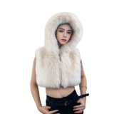 Women Solid Pu-Leather Zippered Hooded Sleeveless Crop Top