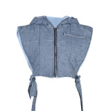 Women's Washed Denim Cotton Blend Hooded Sleeveless Cargo Short Vest