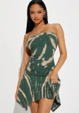 Women's Fashion Sexy Strapless Print Slim Waist Asymmetrical Dress