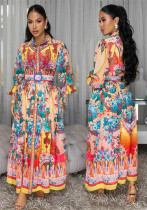 Women's Autumn Turn-Down Collar Lantern Sleeve Slim Waist Painting Print Casual Dress